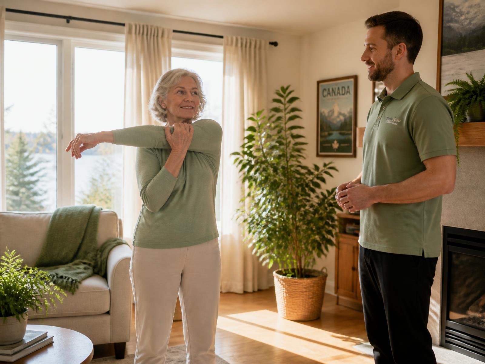 A wellness professional guiding an older woman through a gentle stretch in her living room