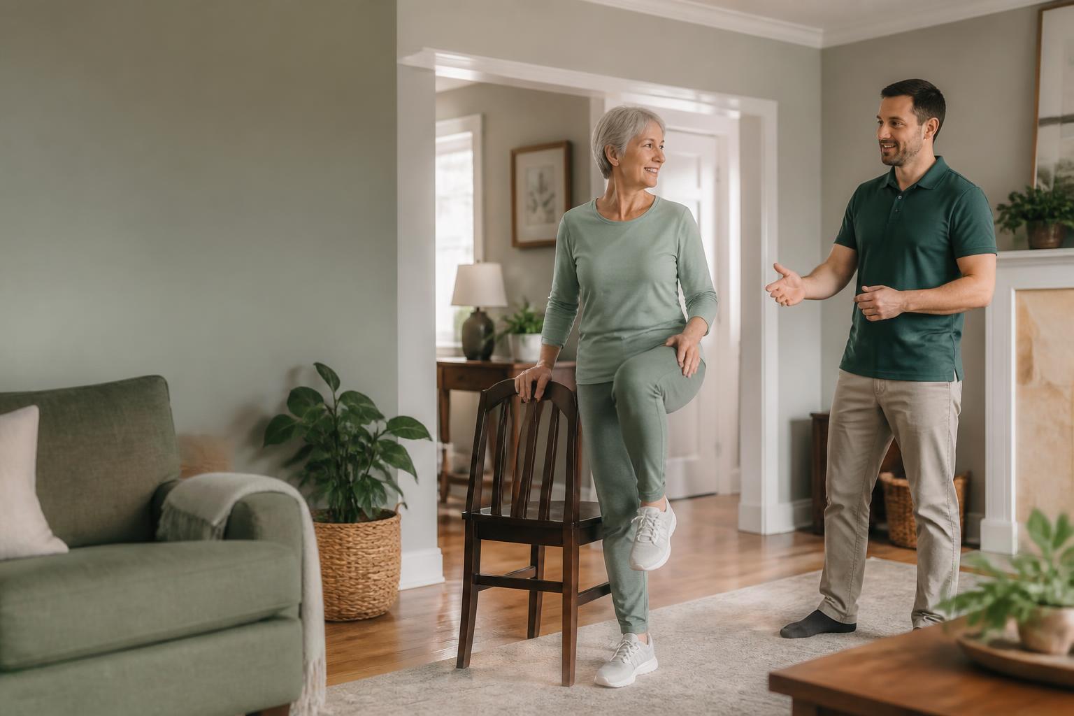 A Certified Kinesiologist guiding an older adult through a gentle balance exercise in a warm PEI home