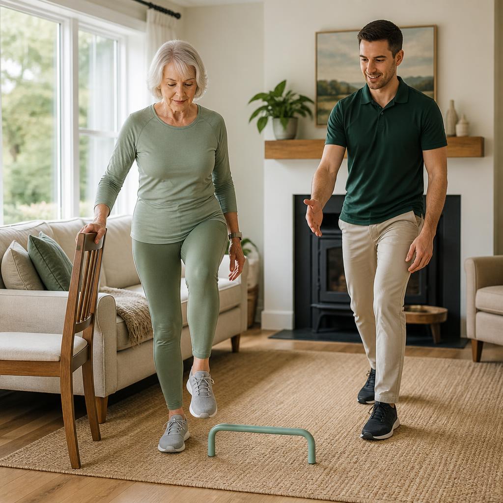 Kinesiologist demonstrating a gentle movement exercise while a client follows along at home