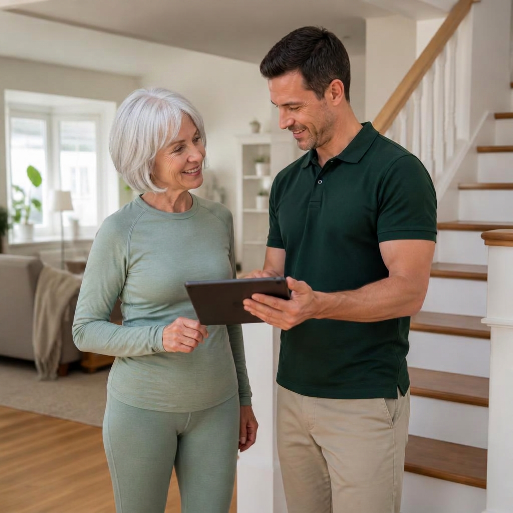 Kinesiologist and client reviewing progress together on a tablet in a home setting